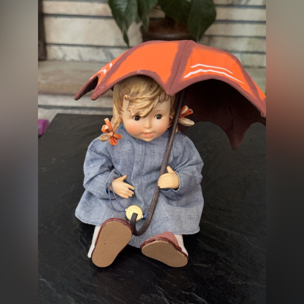 Vintage Hummel Goebel Figurine Girl 1987 in Blue Dress with Orange Umbrella